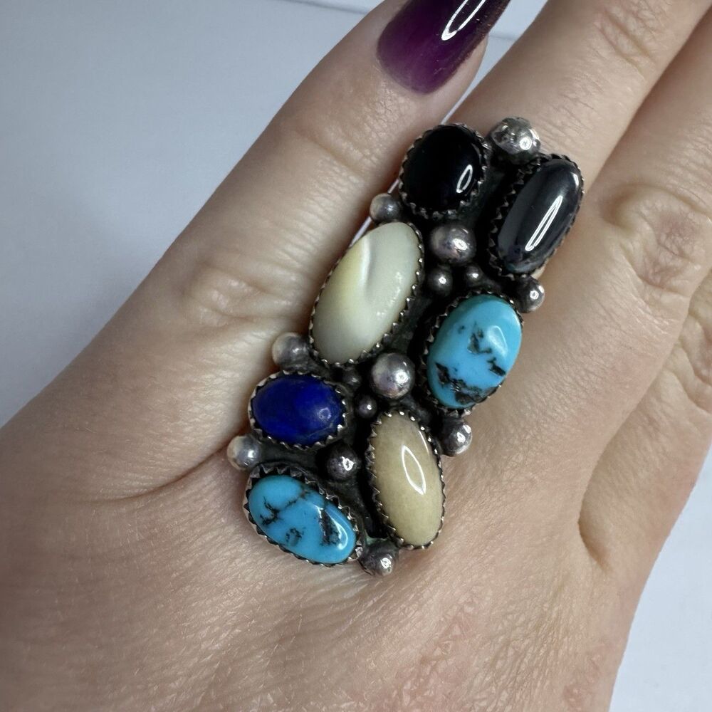 Native American Navajo Cluster Ring Sterling Silver Turquoise Onyx Lapis Size 7
